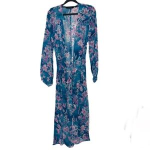 Colleen Lopez Wrap-Style Printed Hi-Low Dress Blue Floral Duster